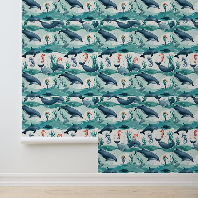 Papel Pintado Bajo el mar con delfines y caballitos de mar extra (Solicitud)