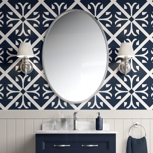 Papel Pintado Baldosas clásicas de la marina - blanco y naval -  (Classic Navy Tiles - Navy and White - Traditional Peel and Stick Wallpaper)