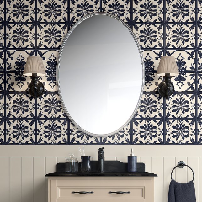 Papel Pintado Baldosas de flores de media noche - Marina y Marfi (Midnight Floral Tiles Peel and Stick Wallpaper)