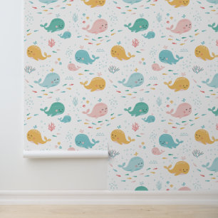 Papel Pintado Ballenas cortas en colores suaves en blanco