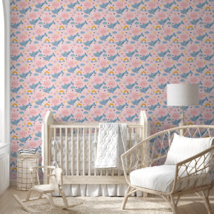Papel Pintado Ballenas rosadas y globos aerostáticos para niños