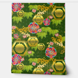 Papel Pintado Bambú japonés y mamáes sobre verde