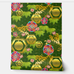 Papel Pintado Bambú japonés y mamáes sobre verde