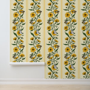 Papel Pintado Banda floral de raíz solar sobre blanco roto