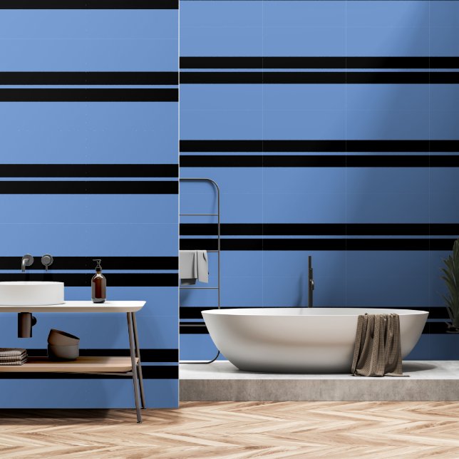 Papel Pintado Banda Horizontal Azul Negro Y Suave (Baño)