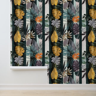 Papel Pintado Bandas verticales vibrantes y audaces con hojas de