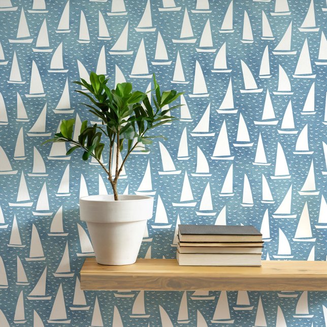 Papel Pintado Barco de vela Azul y Blanco costero (Sailing boat or yacht nautical coastal blue and white art wallpaper by Nic Squirrell)
