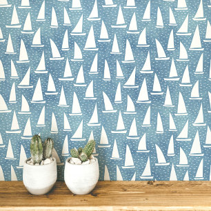 Papel Pintado Barco de Vela Costero Azul y Blanco