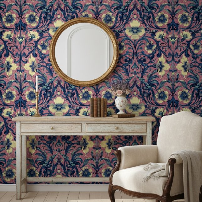 Papel Pintado Barroco De Flores Azules Y Rosa Moderno (Subido por el creador)