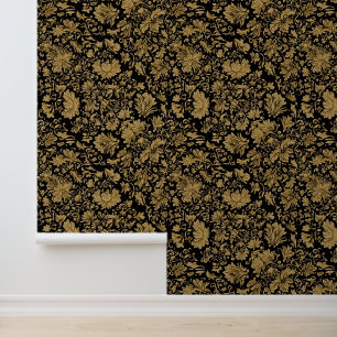 Papel Pintado Barroco Floral Dorado sobre Negro