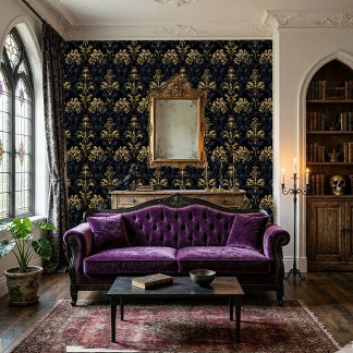 Papel Pintado Barroco Gótico Flor de Oro Azul Oscuro