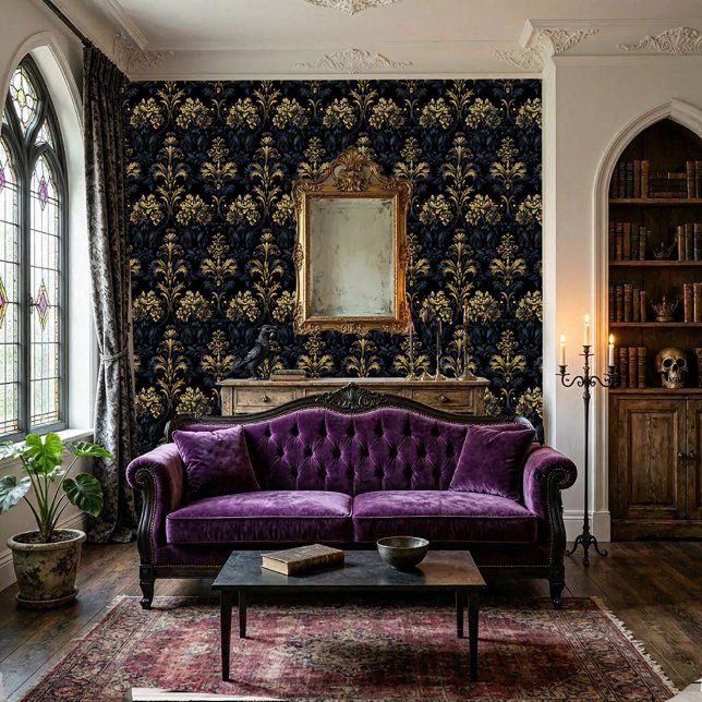 Papel Pintado Barroco Gótico Flor de Oro Azul Oscuro (Dark Baroque Wall)