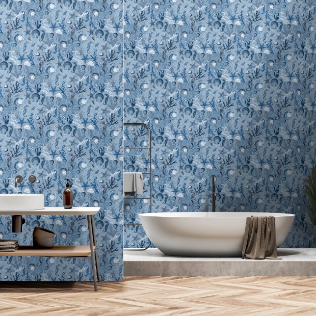 Papel Pintado Beach Coastal Ocean Blue Sea Life (Baño)