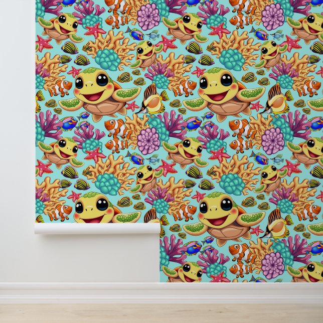 Papel Pintado Bebé de tortuga marina feliz y con carácter (Solicitud)