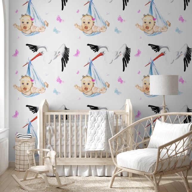 Papel Pintado Bebé lindo y diversión de cigüeñas (Niños)