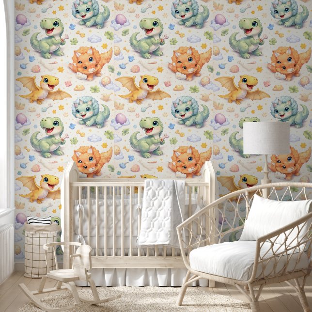 Papel Pintado Bebés dinosaurios lindos patrón continuo de pastel (Niños)
