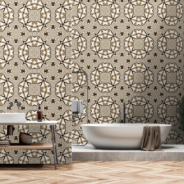 Papel Pintado Beige Taupe Marrón Blanco Negro Tribu arte (Baño)
