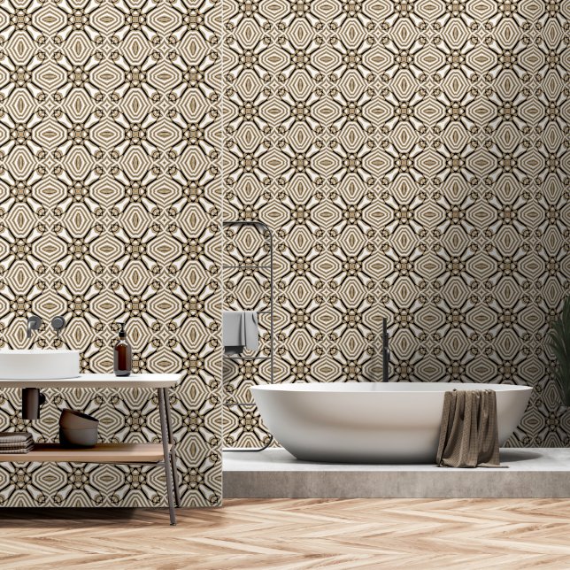 Papel Pintado Beige Taupe Marrón Blanco Negro Tribu arte (Baño)