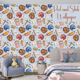 Papel Pintado Béisbol, Azul Y Rojo, Niños Deportivos Peel Y Stic