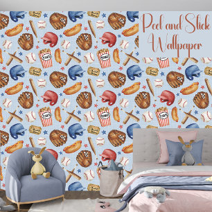 Papel Pintado Béisbol, Azul Y Rojo, Niños Deportivos Peel Y Stic