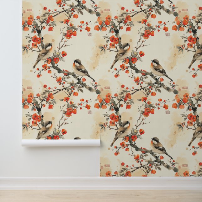 Papel Pintado Bellas Aves Rojas Rústico Asiático Negro (Solicitud)