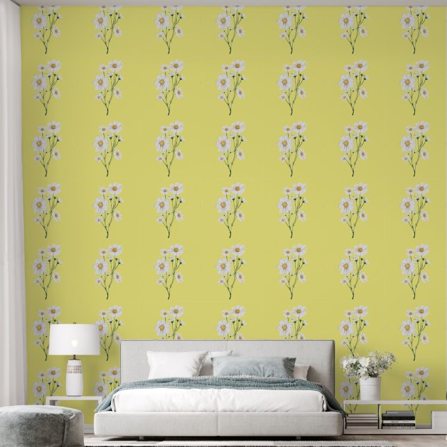 Papel Pintado Bellos Daisises blancos de verano y amarillo (Dormitorio)