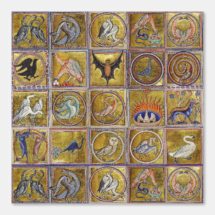 PAPEL PINTADO BESTIARIO MEDIEVAL, ANIMALES FANTÁSTICOS, AZUL ROJ