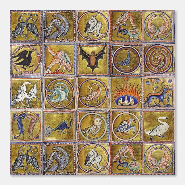 PAPEL PINTADO BESTIARIO MEDIEVAL, ANIMALES FANTÁSTICOS, AZUL ROJ (Anverso)
