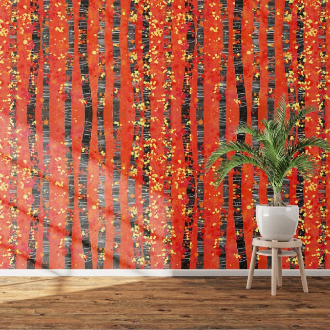 Papel Pintado Birch Aspen Tree Forest Red Art (Aspen birch tree forest abstract landscape art patterned red wallpaper)