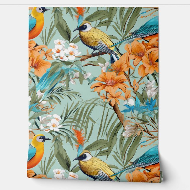 Papel Pintado Birds Chinoiserie Mint Naranja (Desenrollar)