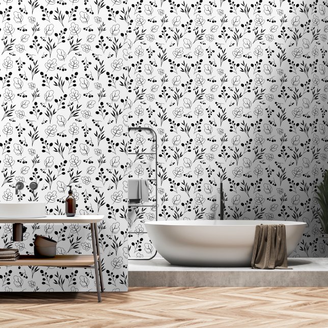 Papel Pintado Black and White Floral Seamless Pattern (Baño)