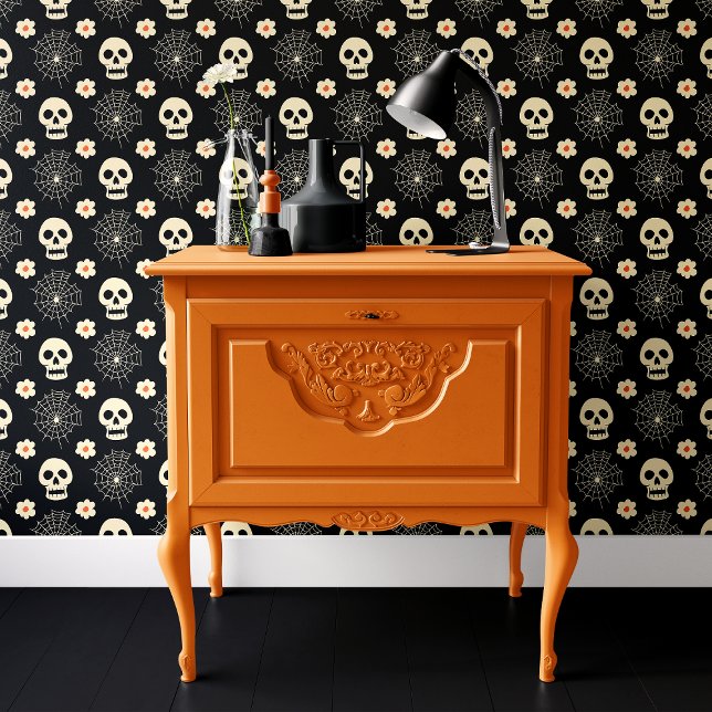 Papel Pintado Black Skull y Spider Web Floral Halloween (Subido por el creador)