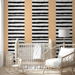 Papel Pintado Black White Stripes with Gold Confetti Pattern