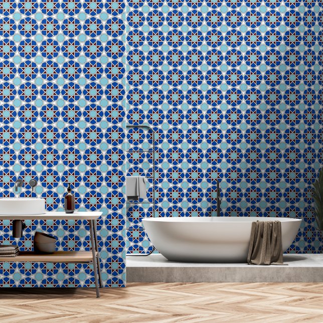 Papel Pintado Blanco Azul Oriental Marruecos Geométrico Arabesqu (Baño)