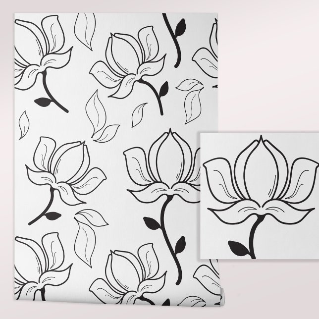 Papel Pintado Blanco negro floral de Magnolias de mano (Stylish Magnolia Pattern Peel and Stick Wallpaper.)