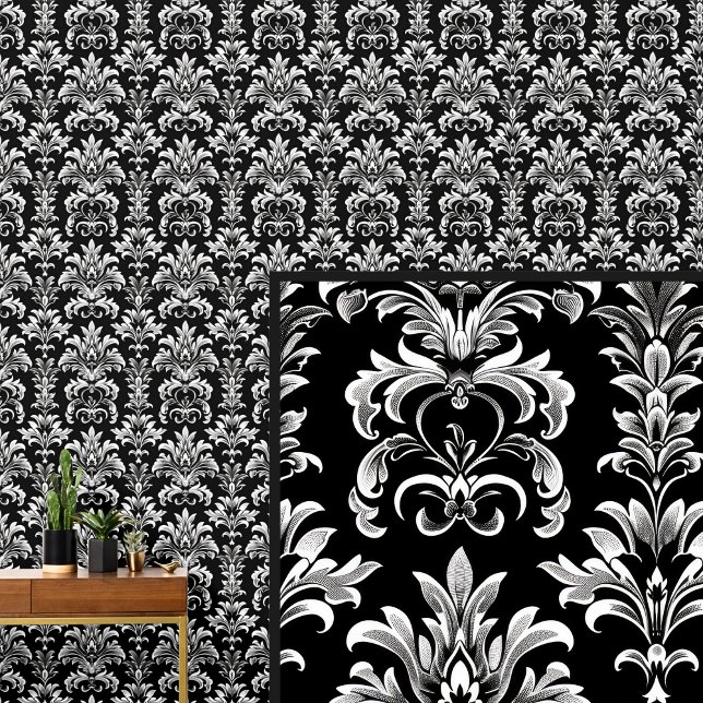 Papel Pintado Blanco sobre negro gótico Damask elegante (Subido por el creador)