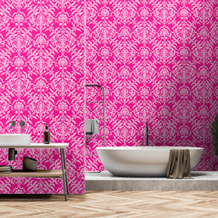 Papel Pintado Blanco y damasco floral barroco rosa profundo