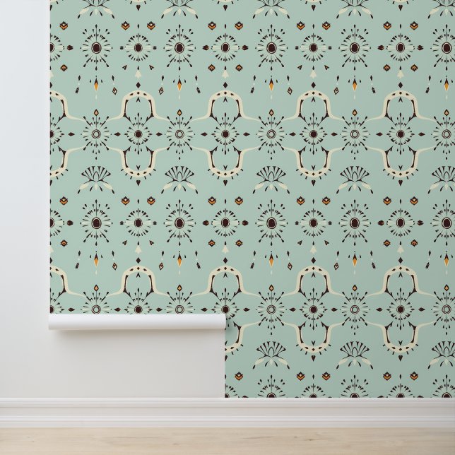 Papel Pintado Bloom Art Deco: Patrón floral geométrico de menta (Solicitud)