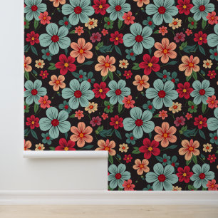 Papel Pintado Bloom de jardín de medianoche: Patrón floral retro