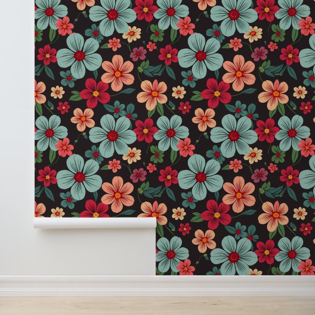 Papel Pintado Bloom de jardín de medianoche: Patrón floral retro (Solicitud)