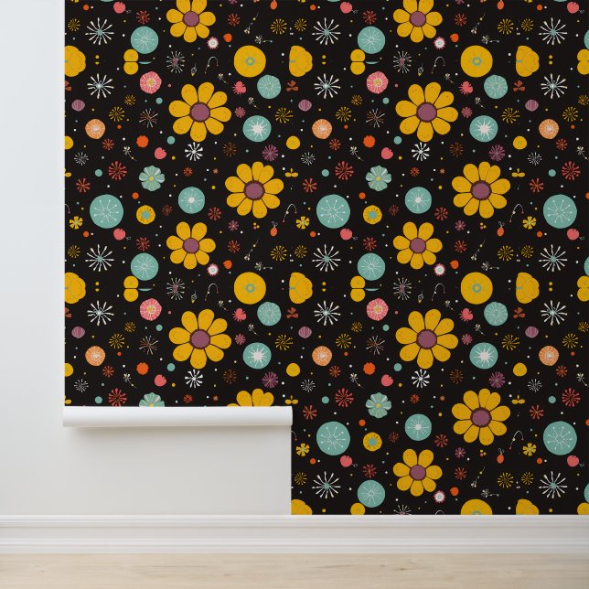 Papel Pintado Bloom nocturno: Explosión Floral Retro (Solicitud)