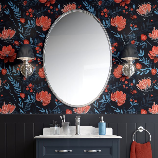 Papel Pintado Blooms de Berry de medianoche - Negro, Rojo y Azul (Midnight Berry Blooms - Black, Red, and Blue - Eclectic Peel and Stick Wallpaper)