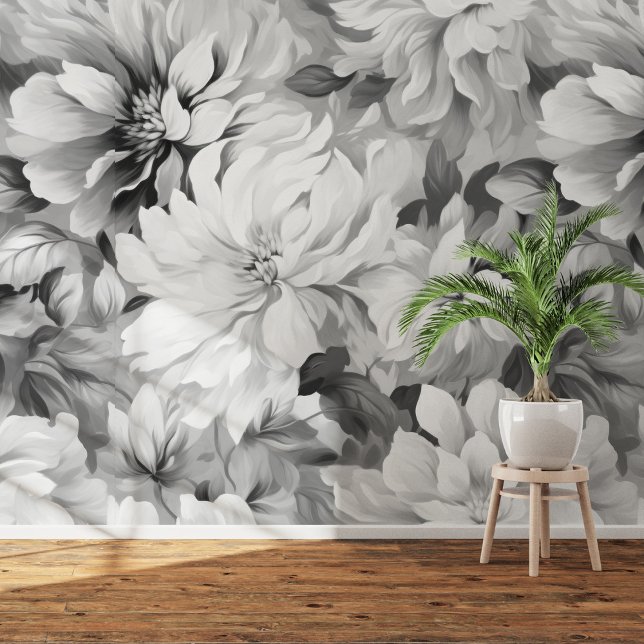 Papel Pintado Blooms en blanco y negro: palo y pintura de aceite (Black & White Blooms: Oil Painting Peel & Stick Wallpaper)