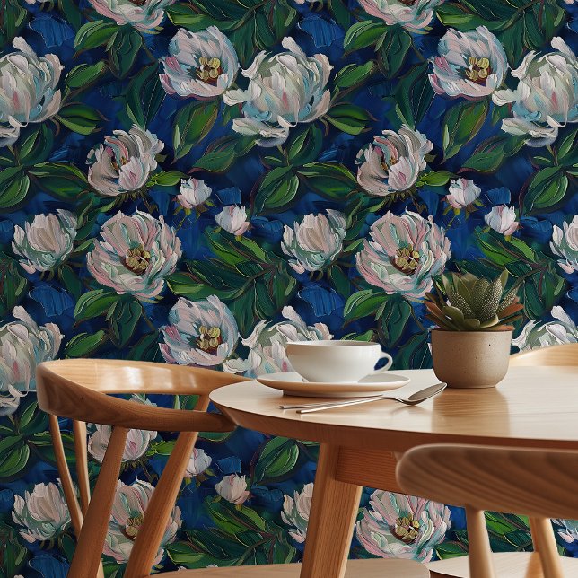 Papel Pintado Blooms encantados: Peonías blancas en azul profund (Subido por el creador)