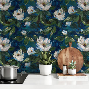 Papel Pintado Blooms encantados: Peonías blancas en azul profund