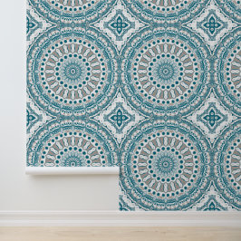 Papel Pintado Blue and Taupe Mandala Pattern Design