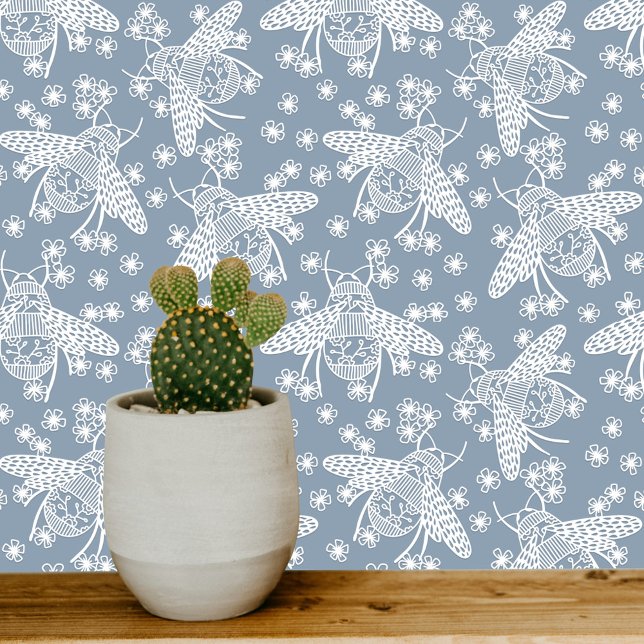 Papel Pintado Blue and White (Blue and white honey bee pattern art wallpaper)
