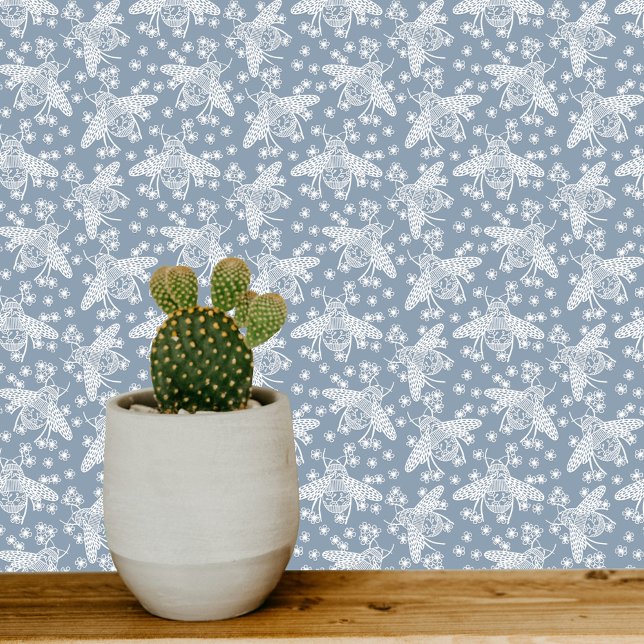 Papel Pintado Blue and White (Blue and white honey bee pattern art wallpaper)