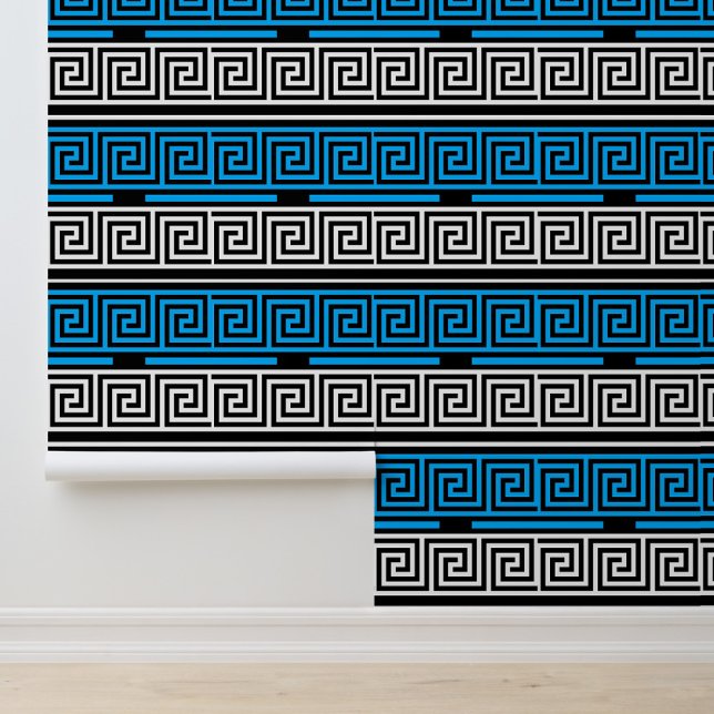 Papel Pintado Blue Black White Greek Key Fret Pattern Design  (Subido por el creador)
