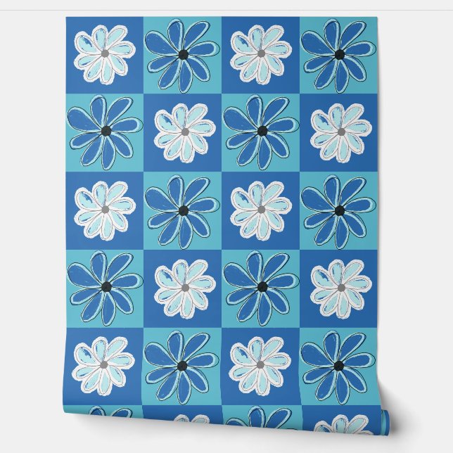 Papel Pintado Blue Bloomed Lines - Blauwe Bloeiende Lijnen (Desenrollar)